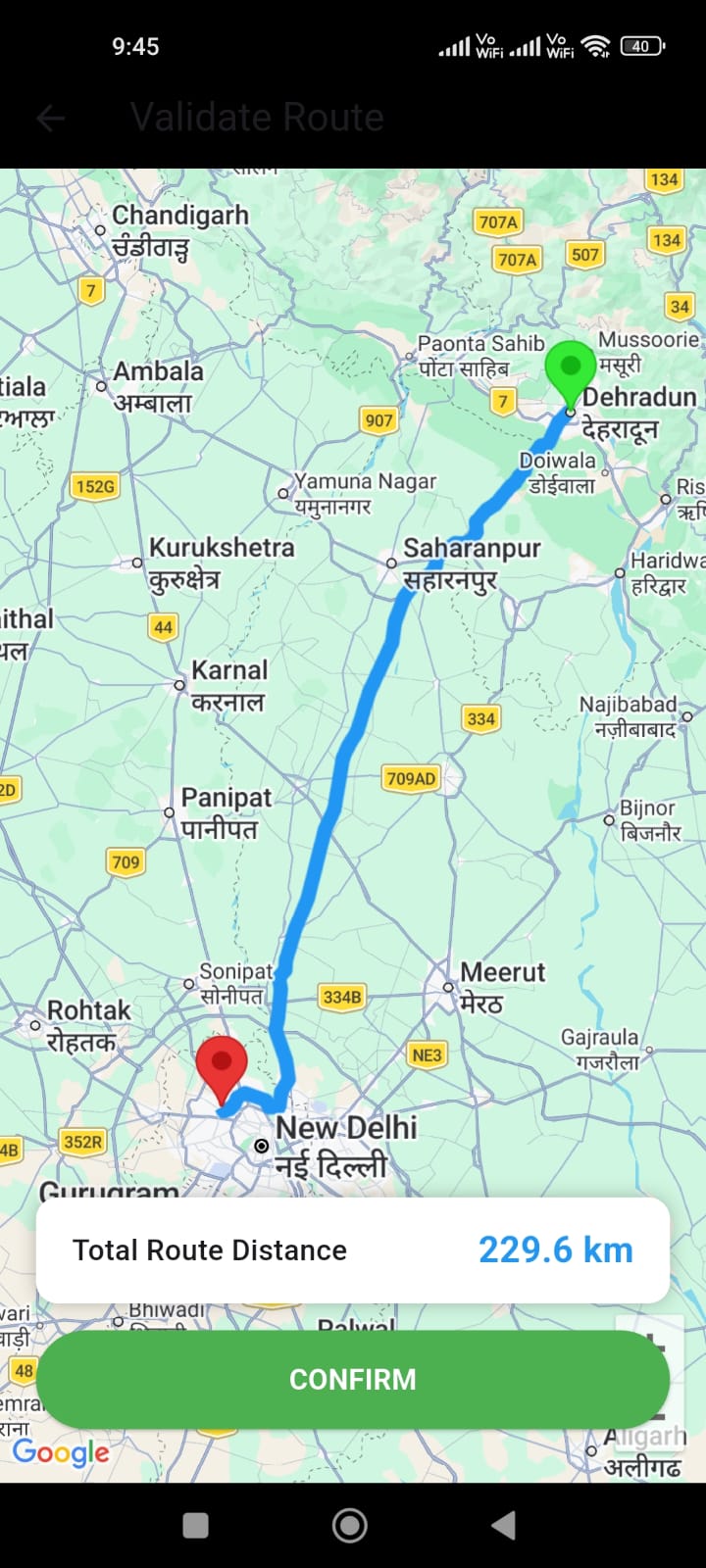 WhyCab route-validation screen showing a 229.6 kilometre journey between Delhi and Dehradun